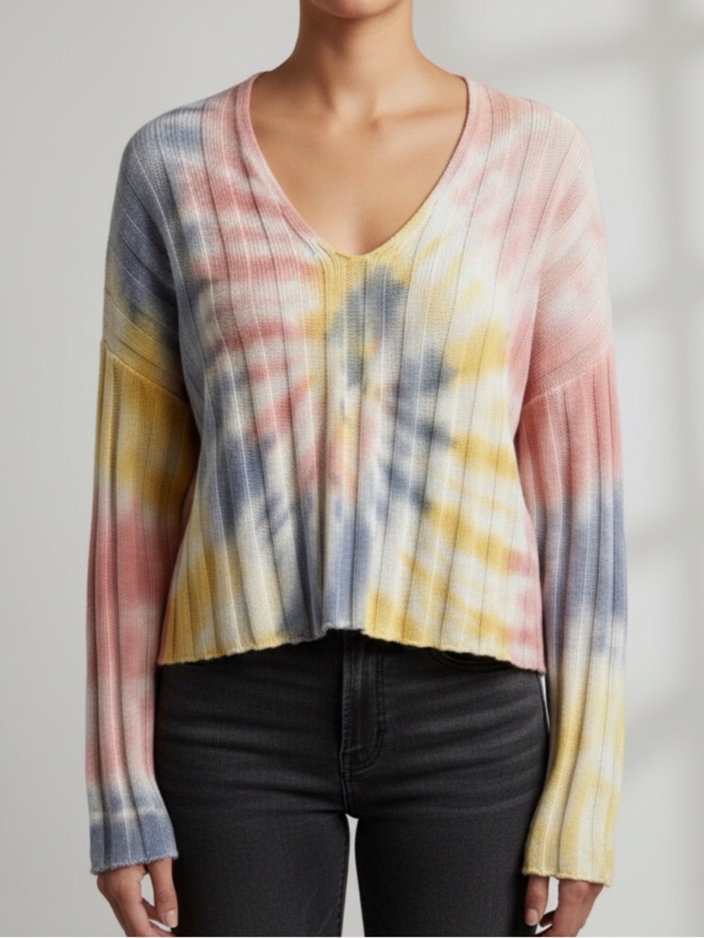American Eagle Outfitters Ribbed V-Neck Tie-Dye Sweater - Pink, Yellow & Blue